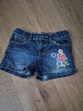 The Children's Place Dark Blue Denim Shorts with Floral Embroidery